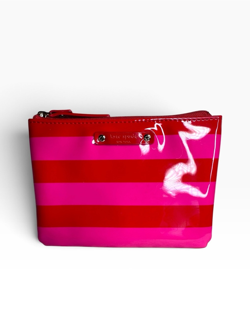 Kate Spade Pink and Red Stripe Patent Leather Cosmetic Pouch